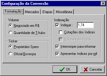 P�gina de configura��o da formata��o